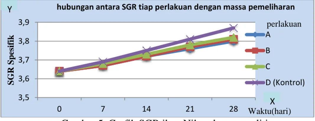 Grafik  5  di  atas  terlihat  bahwa  laju  pertumbuhan  spesifik  benih  ikan  nila  pada  setiap  perlakuan  mengalami  peningkatan  pertumbuhan  pada  setiap  minggu  dimana  pertumbuhan  dilihat  pada  grafik  pertumbuhan  ,  Pertumbuhan  benih  ikan  