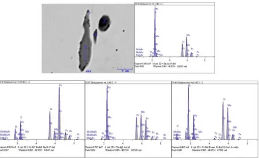 Fig. 2. Spot analysis of sample inclusions without alloying supplements (variant 1): (a) SEM