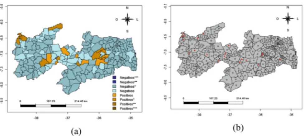 Fig. 3. (a) Getis-Ord map and (b) Besag-Newell map of dengue fever cases according to municipality of residence