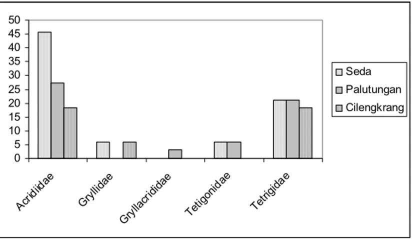 Gambar 1.  Persentase keterdapatan famili dari Ordo Orthoptera di setiap lokasi pengamatan05101520253035404550AcridiidaeGryllidaeGryllacrididaeTetigonidaeTetrigidaeSedaPalutunganCilengkrang
