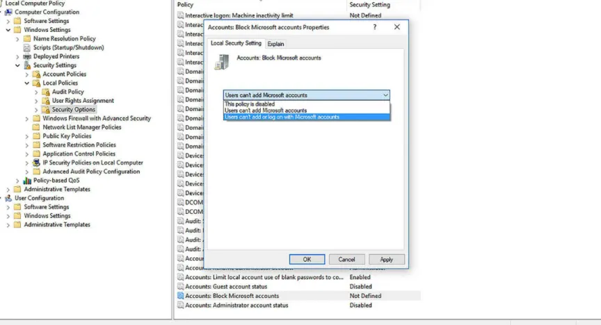 FIGURE 1-3  The Accounts: Block Microsoft Accounts Properties dialog box in Local Group Policy