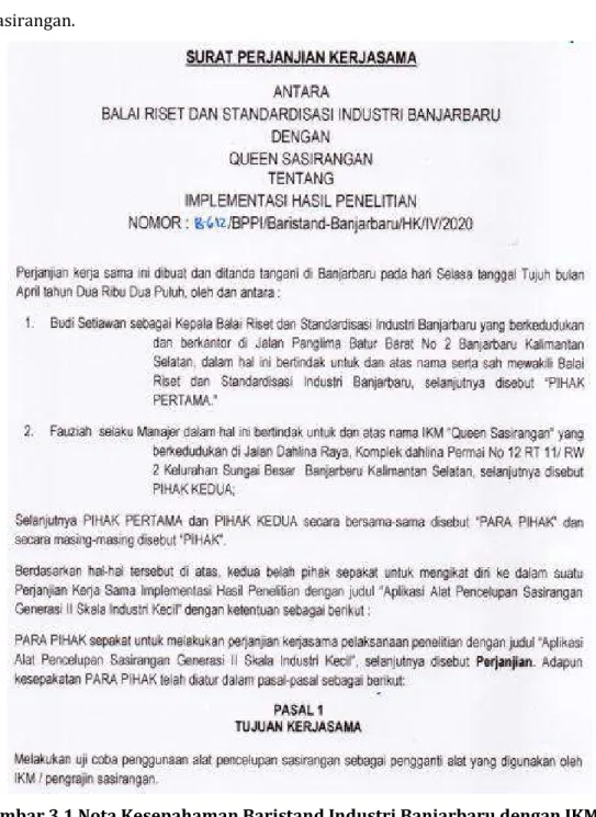 Gambar 3.1 Nota Kesepahaman Baristand Industri Banjarbaru dengan IKM  Queen Sasirangan Banjarbaru 