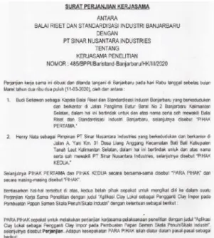 Gambar 3.7 Surat Perjanjian Kerjasama Antara Baristand Industri  Banjarbaru dengan PT SNI 