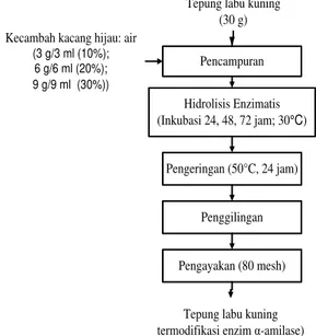 Gambar 2.  Diagram  alir  proses  pembuatan  tepung  labu  kuning  termodifikasi       α-amilase  kecambah  kacang  hijau  (modifikasi Suarni  et al ., 2007)  Peubah yang diamati 