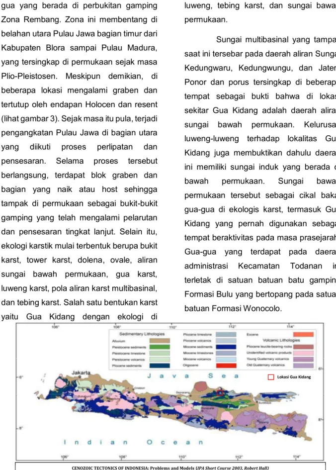 Gambar 4. Lokalitas Gua Kidang pada sebaran geologi Jawa dan Madura 