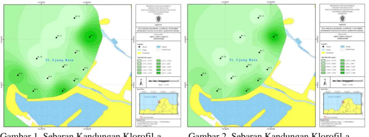 Gambar 1. Sebaran Kandungan Klorofil-a   Gambar 2. Sebaran Kandungan Klorofil-a   Pengambilan 15 Oktober 2014    Pengambilan 1 November 2014 