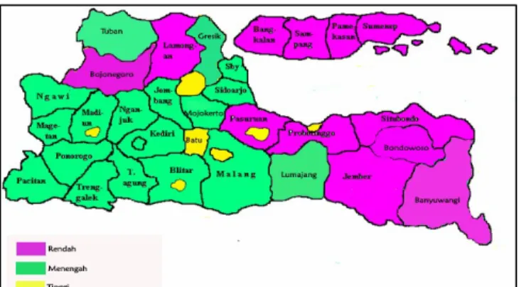Gambar  1.  Pengelompokan  IPM  Provinsi  Jawa  Timur  Berdasarkan  Intersep Tiap Kabupaten/Kota