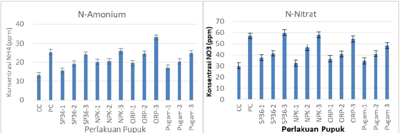 Gambar 1. Konsentrasi N-amonium dan N-nitrat pada air leachate pada inkubasi 28 hari.  Dari  hasil  3  kali  pengamatan  konsentrasi 