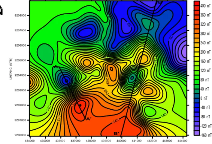 Gambar  3  merupakan  peta  anomali  medan  magnet  total  setelah  dilakukan  pengangkatan  ke  atas  (upward  continuation)