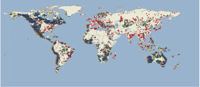 Figure 1. Mines and mine sites in the world [22]. Blue and green points demonstrate  exploration sites and red points producing mines