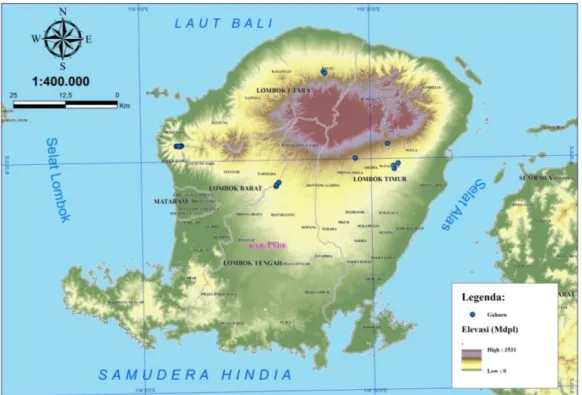 Gambar 1. Lokasi Eksplorasi di Pulau Lombok (Keterangan : Lingkaran biru = Lokasi sampling)