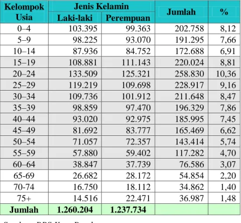 Tabel 2.2 Jumlah Penduduk Kota Bandung Berdasarkan Kelompok Usia Tahun  2017  Kelompok  Usia  Jenis Kelamin  Jumlah  %  Laki-laki  Perempuan  0‒4            103.395             99.363            202.758       8,12   5‒9              98.225             93.0