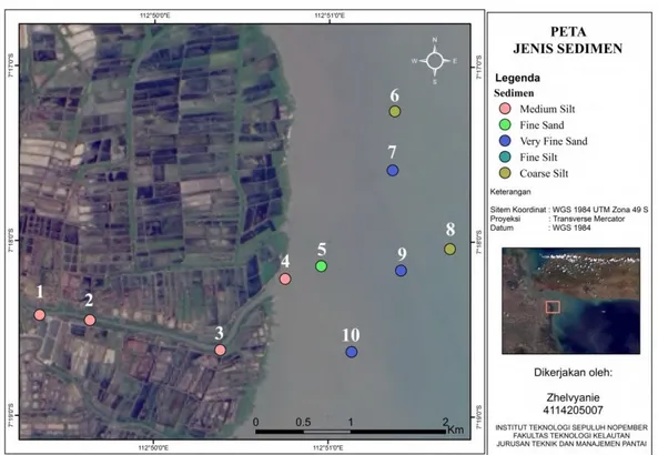 Gambar  4.4  Peta  jenis  sedimen  di  daerah  perairan  Muara  Kali  Wonokromo,  Surabaya  