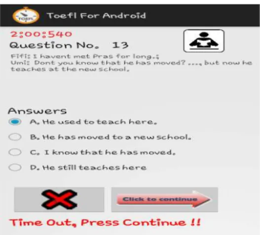 Gambar 4 menampilkan soal toefl untuk bagian reading, dimana user dapat memilih salah  satu pilihan jawaban yang telah disediakan