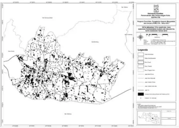 Gambar 9 Peta sebaran kampung kota berdasarkan sebaran kawasan permukiman kumuh  Sumber: Hasil analisis, 2018 
