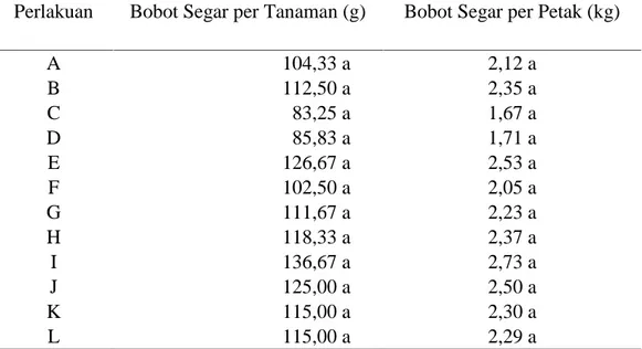 Tabel 4. Pengaruh Kombinasi Dosis Pupuk Cair dan Sistem Pengolahan Tanah Terhadap Bobot Segar per Tanaman (g) dan Bobot Segar per Petak (kg) pada 80 HST.