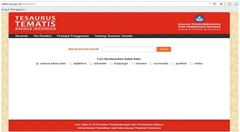Gambar 1. Tangkapan Layar Beranda Tesaurus Tematis Bahasa Indonesia Daring
