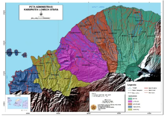 Gambar 3.1 Peta lokasi penelitian  Lokasi kajian yang dipilih dalam kegiatan  penelitian ini ialah pada Kabupaten Lombok Utara  yang terdiri dari Kecamatan Gangga, Kecamatan  Tanjung, Kecamatan Bayan, Kecamatan  Kayangan dan Kecamatan Pemenang