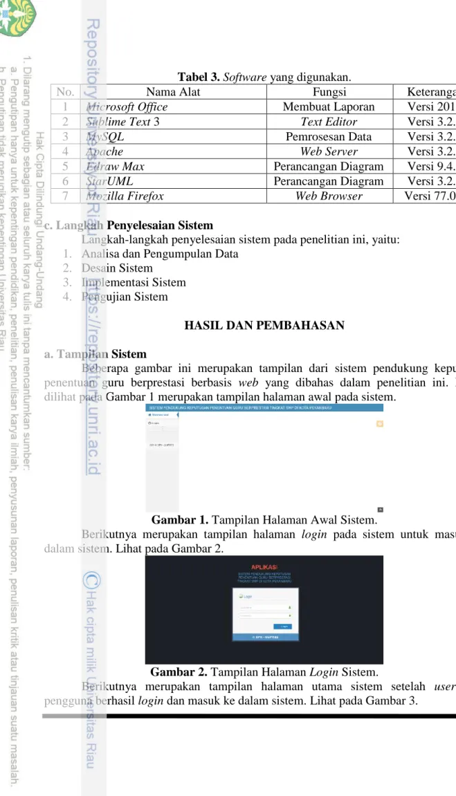 Tabel 3. Software yang digunakan. 