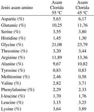 Tabel 6. Asam amino gelatin yang diperoleh dari asam  klorida dan perlakuan suhu. 