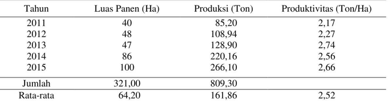 Tabel  2  menunjukkan  bahwa  pada  Tahun 2011 produktivitas tanaman semangka  sebesar 2,21 ton/Ha, pada Tahun 2012 sebesar  2,28  dan  pada  Tahun  2013  produktivitas  tanaman  semangka  mengalami  peningkatan  hingga mencapai 2,81 ton/Ha