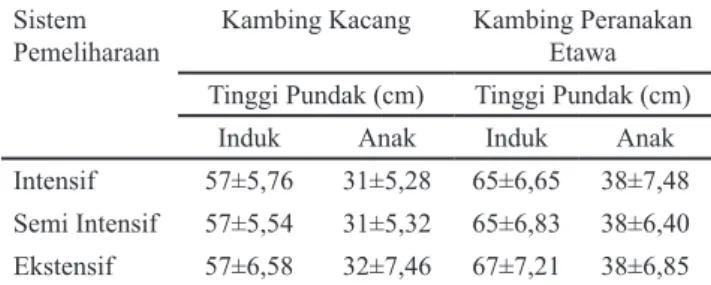 Tabel 5. Rata-Rata dan Standar Deviasi Tinggi Pundak Kambing               Kacang dan Peranakan Etawa di Kecamatan Toari Sistem 