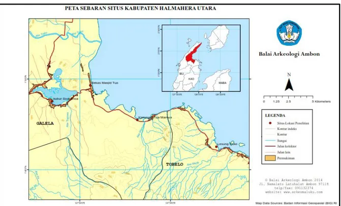 Gambar 1. Peta keletakan situs-situs di pesisir timur Halmahera Utara  (Sumber: Tim Penelitian, 2014) 