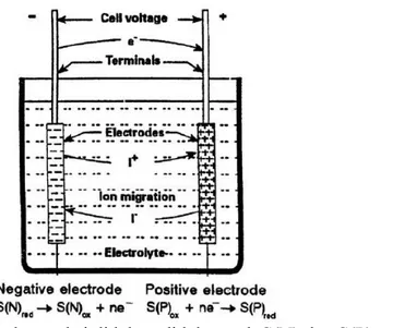 Gambar 2.1Sel elektrokimia dan reaksi didalam didalam sel, S(N) dan S(P)  masing- masing adalah komponen negative dan positif elektroda(Kiehne, 2003) 