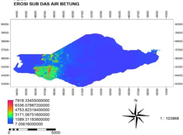 Gambar 9. Peta hasil analisis erosi lahan  yang terjadi pada sub DAS Air Betung Kota 