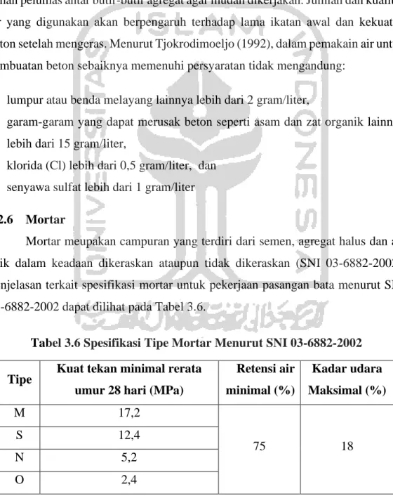 Tabel 3.6 Spesifikasi Tipe Mortar Menurut SNI 03-6882-2002  Tipe  Kuat tekan minimal rerata 