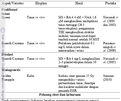 Tabel 2. Status penelitian kultur in vitro nenas di Indonesia dan peluang risetnya 