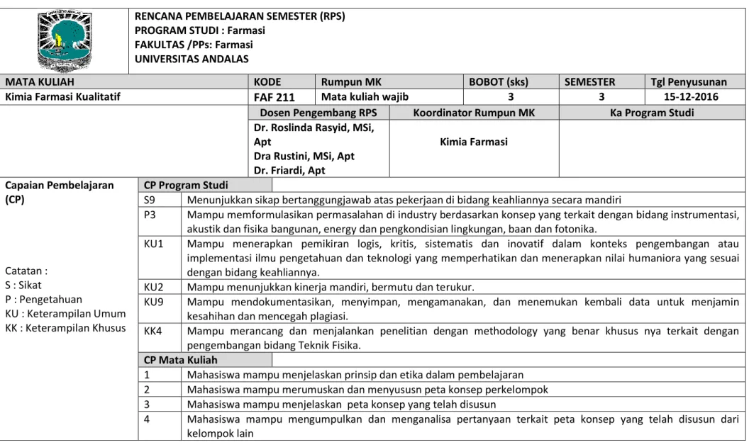 Tabel 2. RPS Mata Kuliah Kimia Farmasi Kualitatif  (FAF 211/3SKS) 