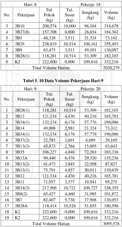 Tabel 5. 10 Data Volume Pekerjaan Hari-9 
