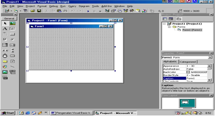 Gambar 1-2  IDE Visual Basic dengan jendela-jendela yang terbuka.  Adapun jendela-jendela yang perlu anda perhatikan adalah sebagai berikut : 