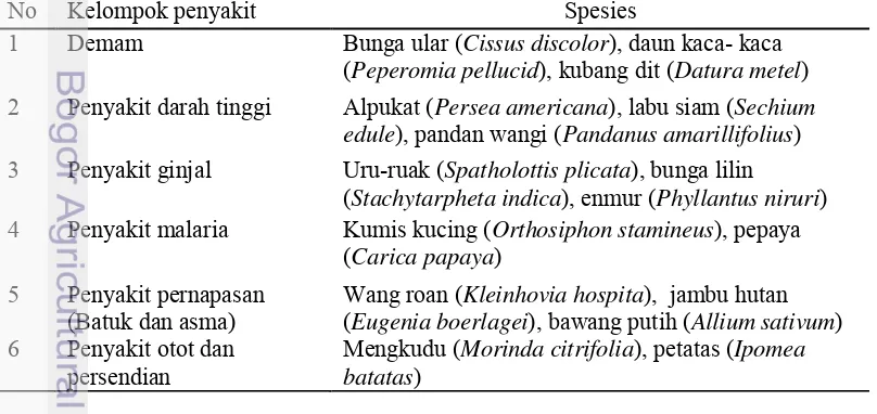 Tabel 6 Kelompok penyakit dan spesies tumbuhan obat 