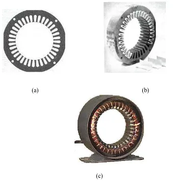 Gambar 2.6   Menggambarkan  Komponen Stator motor induksi tiga phasa, (a) Lempengan Inti, (b) 