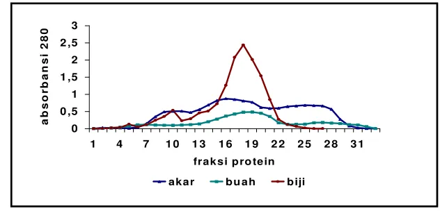 Gambar 9. Pola pemisahan protein dari akar, buah dan biji paria ular pada kromatografi  filtrasi gel