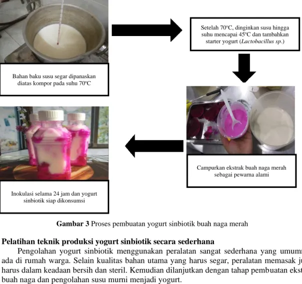 Gambar 3 Proses pembuatan yogurt sinbiotik buah naga merah  2)  Pelatihan teknik produksi yogurt sinbiotik secara sederhana 
