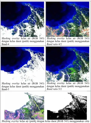 Gambar 2. Perbedaan luaran dari berbagai penerapan metode pengolahan dataset Landsat dalam deliniasi batas air-darat yang menjadi fitur batas air-darat (Sumber: Kasim, 2011A) 