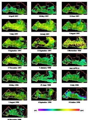 Gambar 5.  Citra BT dari NOAA AVHRR asli bulan April 1997 (tahun kekeringan) sampai November 1998 (tahun normal) 