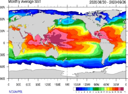 Gambar 6. Rata-rata Suhu Muka Laut September 2020  (Sumber: https://psl.noaa.gov/map/images/sst/sst.month.gif )