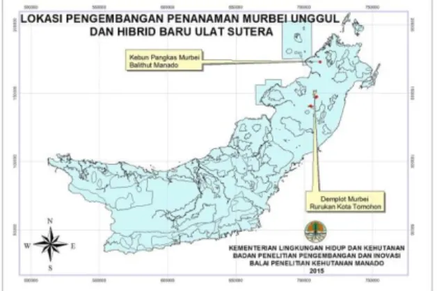 Gambar  1.  Lokasi  Pengembangan  Murbei  di  Plot  Pengembangan  Kelurahan  Rurukan,  Kota Tomohon, Sulawesi Utara  Bahan dan alat 