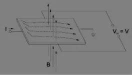 Gambar 2. Prinsip efek Hall dengan medan magnet 