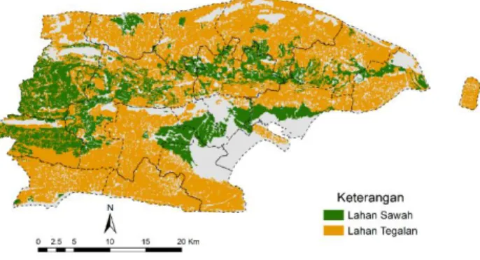 Gambar 3. Sebaran sawah dan tegalan eksisting tahun 2019 di wilayah daratan Kabupaten Sumenep, Madura, Jawa Timur 