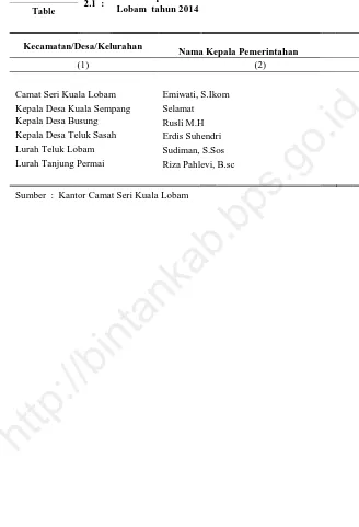 Tabel 2.1  : Nama Kepala Pemerintahan di Kecamatan Seri Kuala Lobam  tahun 2014 