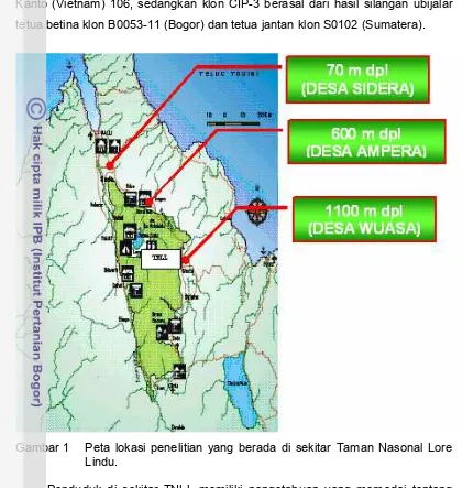 Gambar 1   Peta lokasi penelitian yang berada di sekitar Taman Nasonal Lore 