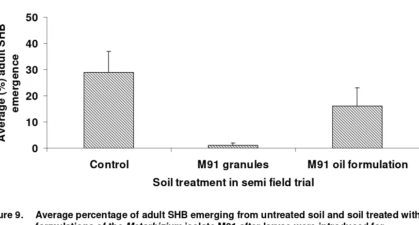 Figure 9. Average percentage of adult SHB emerging from untreated soil and soil treated with 
