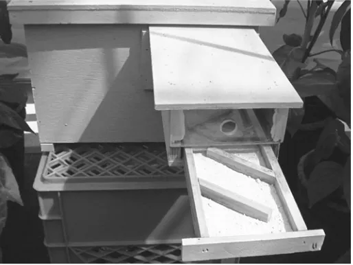 Figure 5.5 Dispenser placed in front of a bumble bee hive with the inoculum tray extended.