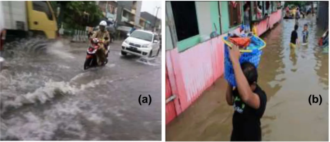Gambar  1.  Kondisi  banjir  genangan  di  Makassar  akibat  hujan  (a)  di  jalan raya, dan (b) di perkampungan warga  