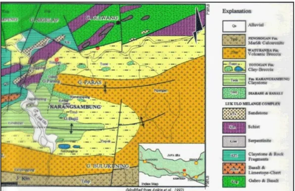 Gambar  1. Peta  geologi  regional  lembar  Karangsambung  (Noor,  2009)  modifikasi  Asikin  dkk.
